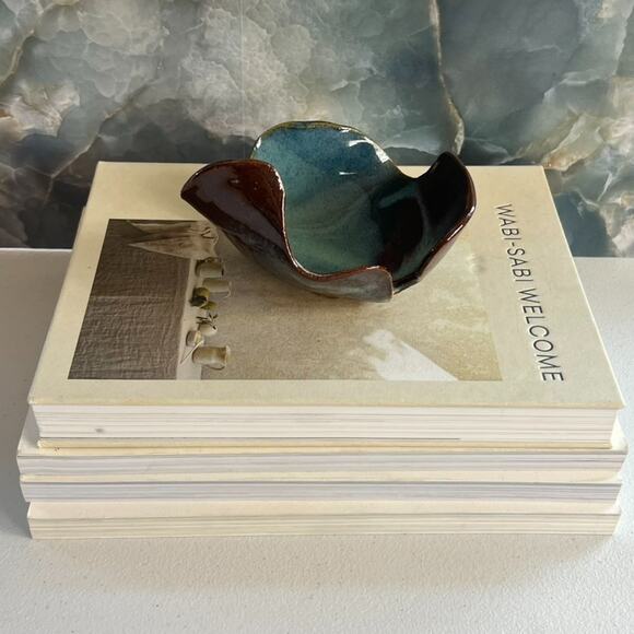 Studio Art Pottery Abstract Sculpture Art Piece Stoneware Maroon Blue Dip Glazed - Picture 3 of 7